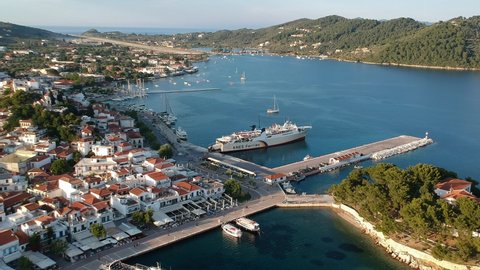 SKIATHOS, GREECE - JUNE 2019: Anes lines ferry boat docking in Skiathos island in Sporades, Greece
