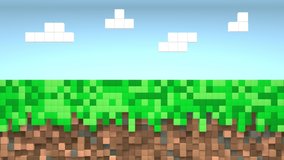 Video game geometric mosaic waves pattern. Construction of hills landscape using brown and green grass blocks, blue sky and clouds. Pixel background. 3d animation loop of 4K