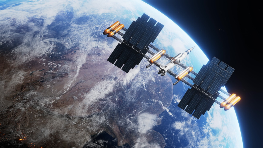 Space shuttle and space station orbiting realistic earth monitoring planet. International Space Station revolving over ocean and mainland, exploration mission. Images from NASA Royalty-Free Stock Footage #1070388532