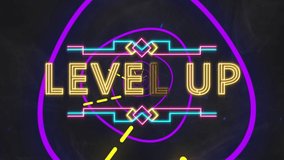Digital animation of neon level up text over glowing tunnel against black background. computer interface and video game concept - Powered by Shutterstock - Get 15% off with code: PIKWIZARD15