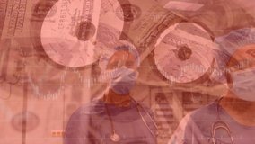 Animation of financial data processing over american dollar bills and doctors in face masks. global medicine, covid 19 pandemic, finances and business concept digitally generated video. - Powered by Shutterstock - Get 15% off with code: PIKWIZARD15