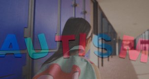 Animation of puzzles falling over autism text and schoolgirl walking in school. autism and learning difficulties awareness and support concept digitally generated video.