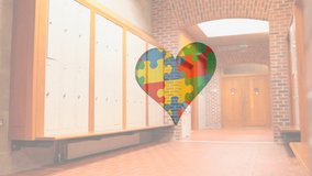 Animation of puzzles falling over heart formed with puzzles and empty school corridor. autism and learning difficulties awareness and support concept digitally generated video.