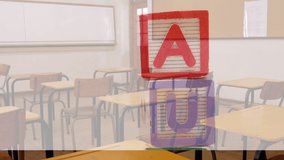 Animation of puzzles falling over stack of wooden blocks with autism textand empty class in school. autism and learning difficulties awareness and support concept digitally generated video.