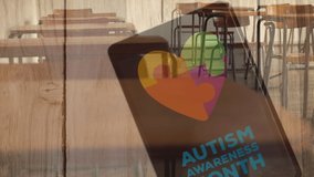 Animation of puzzles, autism awareness month text and heart with puzzles on smartphone and classroom. autism and learning difficulties awareness and support concept digitally generated video. - Powered by Shutterstock - Get 15% off with code: PIKWIZARD15