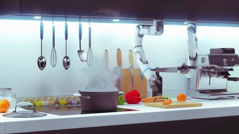Automatic neural intelligent kitchen robot produced food. 4k 3d animation
