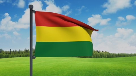 3D illustration of Waving flag of Bolivia with chrome flag pole in grass cloudy background waving in the wind. High resolution flag with clarity natural background.
