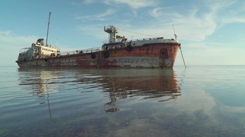 old ship rusts in the caspian sea in kazakhstan