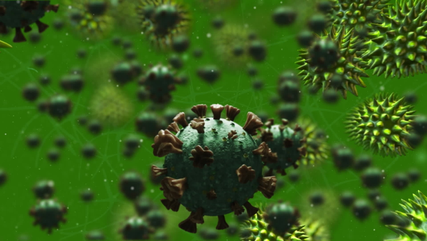 Animation of covid 19 cells floating over green background. global coronavirus pandemic, medicine and public health concept digitally generated video.