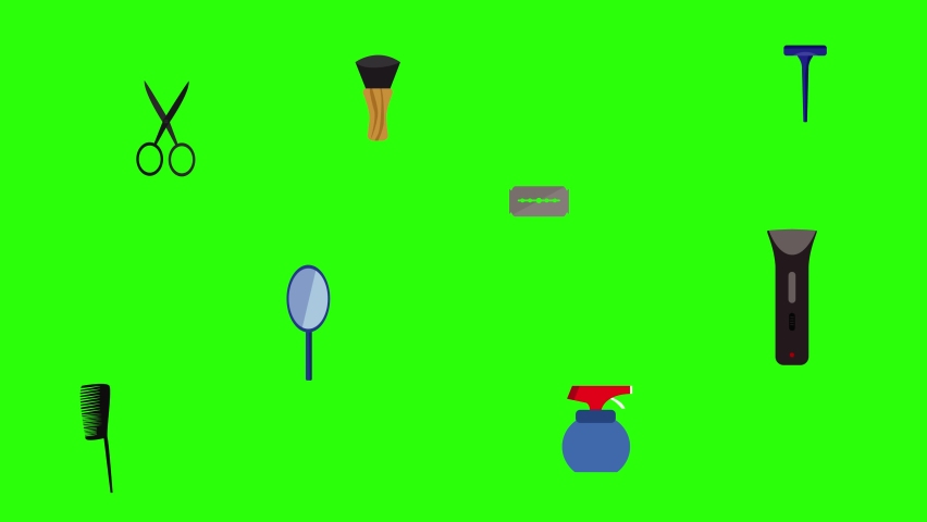 Barber shop tools flat elements animation on green screen chroma key