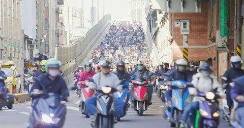 Taipei, Taiwan - February 7, 2021 : Crowded of scooter on street