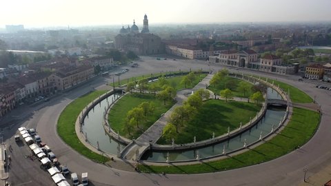 Padua, Veneto, Italy. Prato della Valle, the Abbey of Santa Giusta and the Basilica of Sant'Antonio.
Aerial shot with drone of the historic center of Padova
