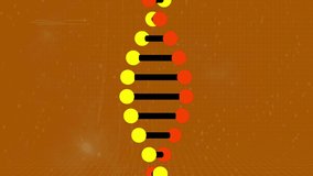 Animation of dna strand spinning and data processing over orange background. global medicine, data processing and technology concept digitally generated video.