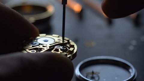 Mechanical watch repair process. Open pocket wristwatch. Doing precise job. Craftsman. Watchmaker adjust watch. Precise occupation. High accuray level