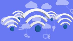 Animation of wifi icons and digital clouds with electronic devices on blue background. global networking, social media, connection and digital interface concept digitally generated video. - Powered by Shutterstock - Get 15% off with code: PIKWIZARD15