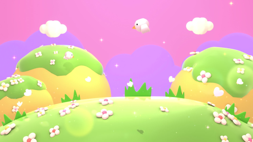 Looped cartoon flowers garden with beautiful butterflies and cute little birds flying in the pink purple sky animation. 