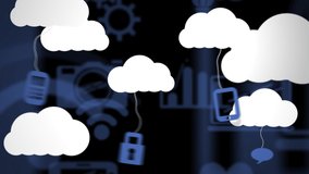 Animation of wifi and online icons and digital clouds with electronic devices on blue background. global networking, social media, connection and digital interface concept digitally generated video. - Powered by Shutterstock - Get 15% off with code: PIKWIZARD15