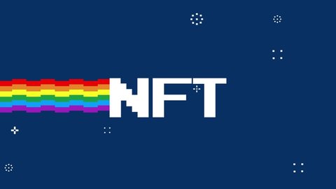 NFT - Non fungible token pixel animation with rainbow and stars. Cryptocurrencies and digital art concept. A new way to buy digital assets, collectibles, and crypto art. 4k loop animation.