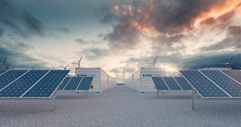 Battery storage power station 
accompanied by solar and wind  turbine power plants. 3d rendering clip