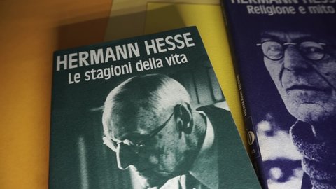 Rome, Italy - April 09, 2021 some novels by the German-born Swiss writer, poet, aphorist, philosopher and painter, awarded the Nobel Prize for literature in 1946.