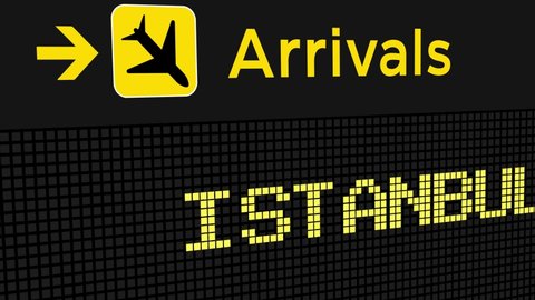 Istanbul Arrival Animation Sign Board on Airport 4K Animation. City name animation loop on airport signboard