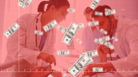 Animation of green line processing over doctors examining patient and american dollar bills. global finance and business, coronavirus pandemic concept digitally generated video.