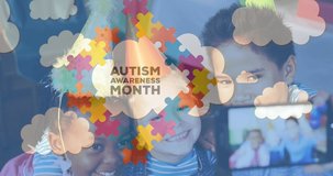 Animation of autism awareness month text frame formed with puzzles over school children and clouds. autism and learning difficulties awareness and support concept digitally generated video.