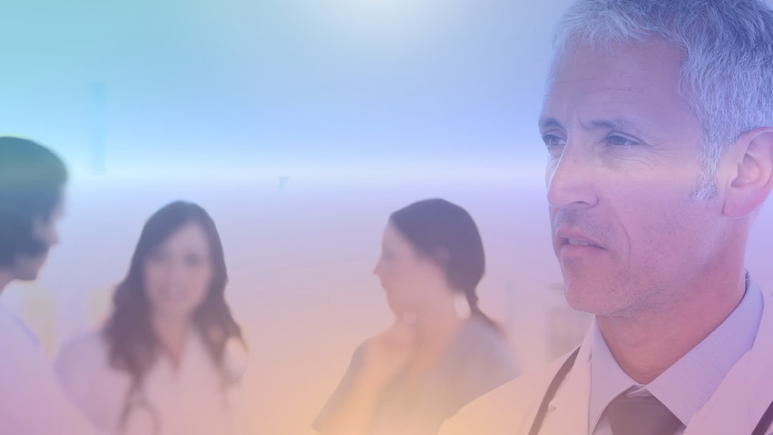 Animation of medical data processing and statistics recording over smiling male doctor. global medicine and science concept digitally generated video. - Powered by Shutterstock - Get 15% off with code: PIKWIZARD15