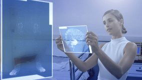 Animation of molecules and scope scanning over woman holding interactive screen with brain. global connections, medicine, science and digital interface concept digitally generated video.