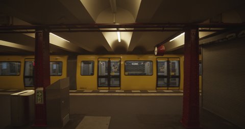 Underground Subway Driving into Station in Berlin, Germany with No People Passengers During COVID 19 Coronavirus Pandemic June 2020