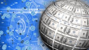 Animation of digital icons and scopes scanning over globe with american dollar bills. global finances and business, connections and digital interface concept digitally generated video.