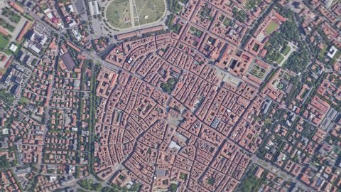 Zoom in from space and focus on Modena, Italy. 3D Animation. Background for travel intro. 