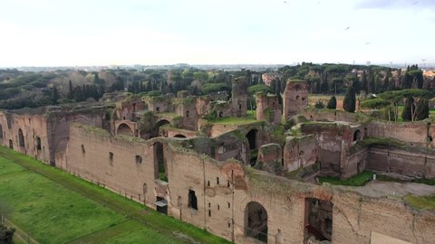 Baths of Caracalla, ancient ruins of roman public thermae. Aerial shot with drone of Ancient Rome.