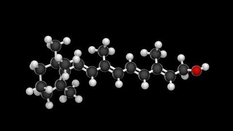 Vitamin A(Retinol). Found in food and used as a dietary supplement. 3D illustration. Chemical structure model: Ball and Stick. RGB + Alpha(Transparent) channel.