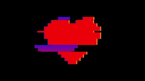 Pixelated heart glitch animation, retro arcade heart isolated on a black background