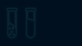 Glowing neon line Test tube and flask - chemical laboratory test icon isolated on black background. Laboratory glassware sign. 4K Video motion graphic animation.