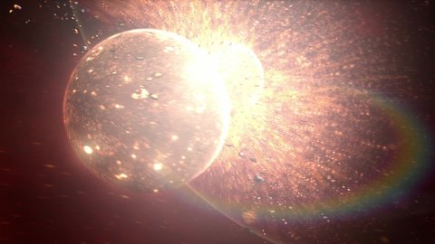 In space, planets collide with bright light, forming shock waves. Planet's death, disappearance and birth. Some elements of the image are from NASA