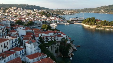 SKIATHOS, GREECE - JUNE 2019: Anes lines ferry boat docking in Skiathos island in Sporades, Greece