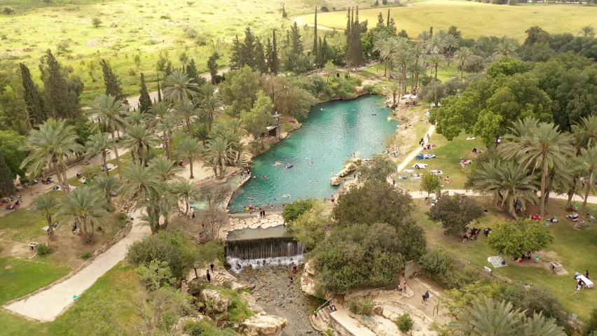 Gan HaShlosha (Sahne) National Park, Aerial view, drone view over israel national Park Close to Beit Shean and Jordan Valley
