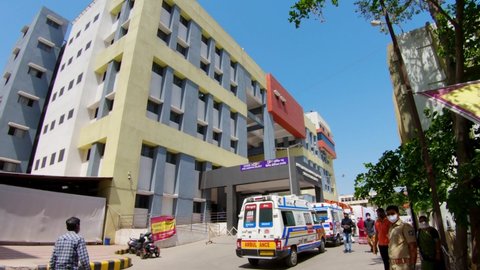 Rajkot, Gujarat, India: April, 2021 - Line of Ambulance outside Covid-19 hospital at PDU Rajkot. Critical situation at hospital during corona virus pandemic