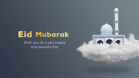 Happy Eid Mubarak 3d animated wishing video message with a beautiful 3d rendering mosque. The mosque with a dome and minaret is floating in the clouds.