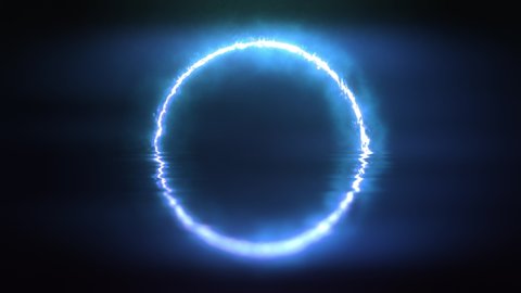 Abstract animation of bright glowing blue colored fire circle or ring. Light reflections on the water surface. Smoke in the air. Vibrant colors. Dynamic 4K footage. 