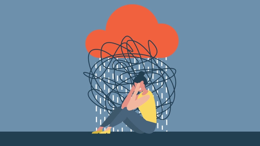 Mental disorder, finding answers, confusion concept. Woman suffering from depression, closing face with palms in despair, girl trying to solve. Tears rain, a large puddle appears. Pandemic fatigue. 2d | Shutterstock HD Video #1070528839