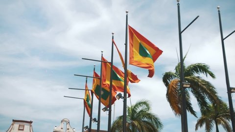 Colorful waving flags, Cartagena of the republic of Colombia, south America