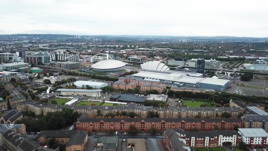 SSE Hydro music venue in Glasgow, Scotland. Bird's eye view Royalty-Free Stock Footage #1070535982