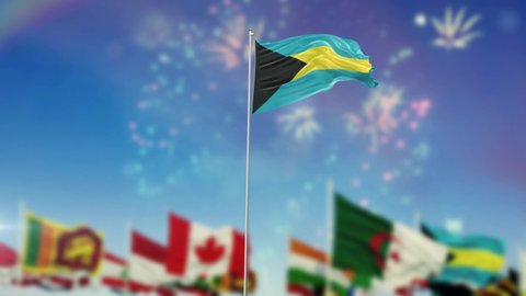 Bahamas Flag With Flags Of The World And Fireworks Moring And Night 3D Rendering
