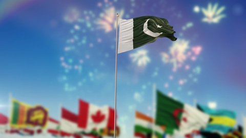 Pakistan Flag With Flags Of The World And Fireworks Moring And Night 3D Render