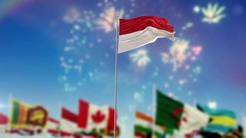 Monaco Flag With Flags Of The World And Fireworks Moring And Night 3D Rendering