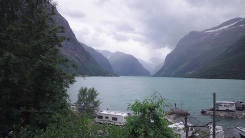 Camping at Loen lake in Norway, bad weather on a beautiful location