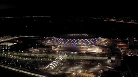 D-Log. Volgograd, Russia - September 19, 2020: Volgograd Arena is an international-class football stadium built in Volgograd for the 2018 FIFA World Cup. Stadium - Rotor, Aerial View, Point of intere